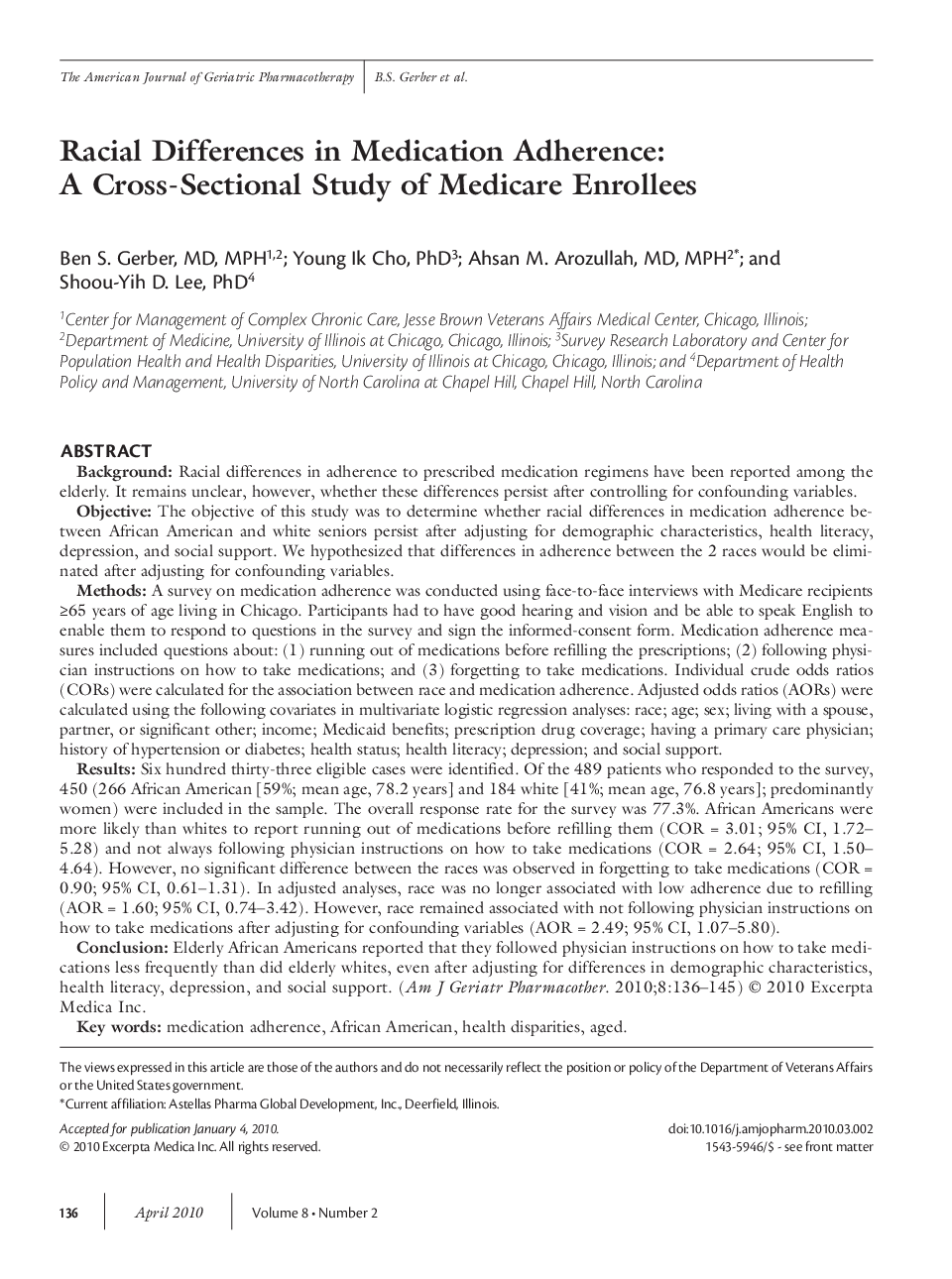 Racial differences in medication adherence: A cross-sectional study of medicare enrollees