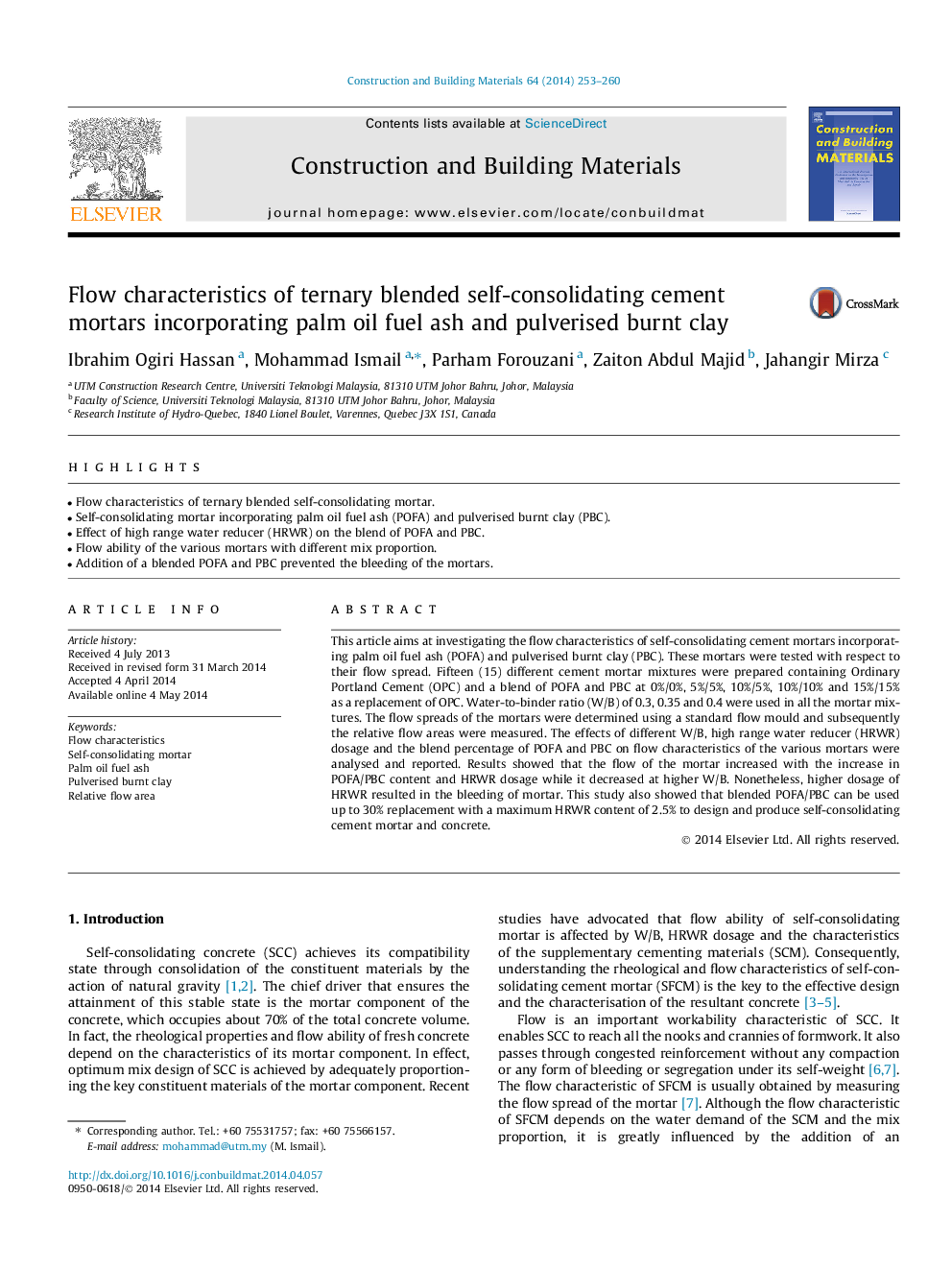 Flow characteristics of ternary blended self-consolidating cement mortars incorporating palm oil fuel ash and pulverised burnt clay