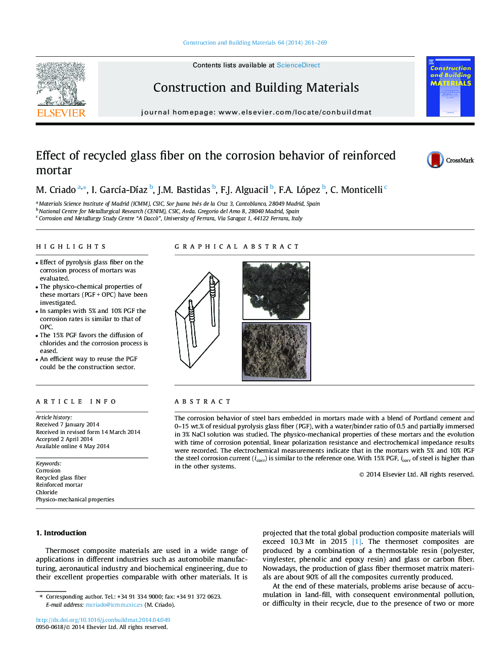 Effect of recycled glass fiber on the corrosion behavior of reinforced mortar