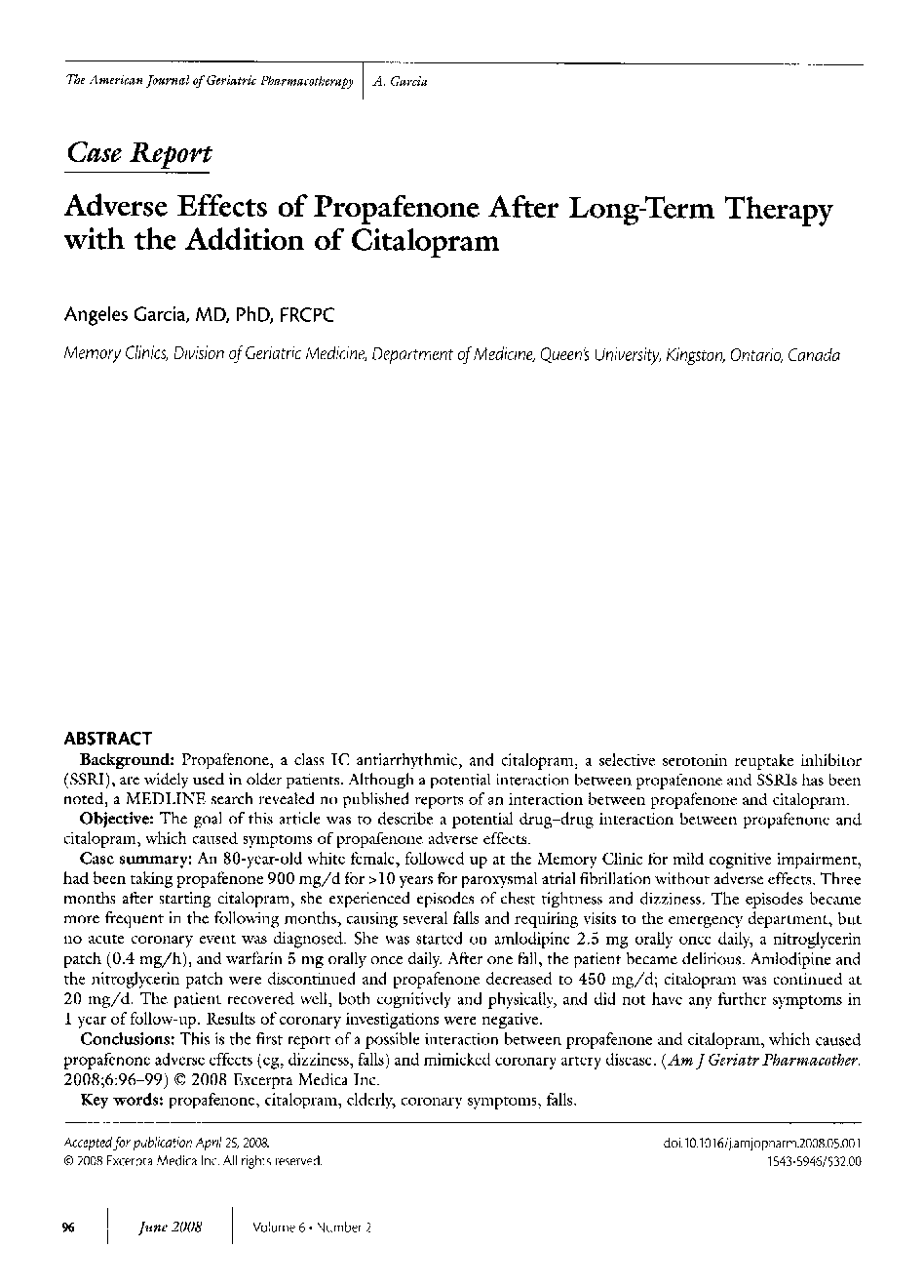 Adverse effects of propafenone after long-term therapy with the addition of citalopram