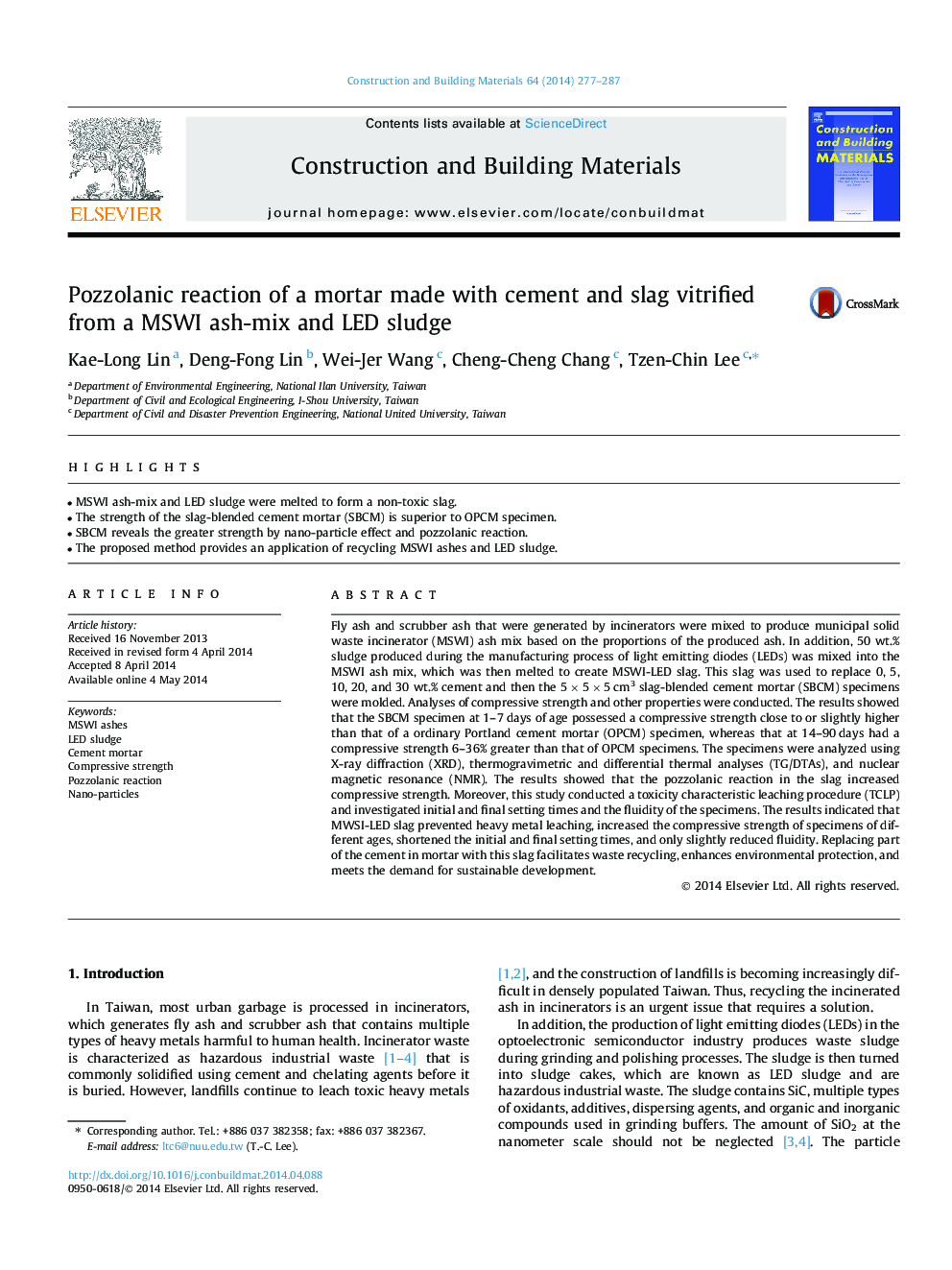 Pozzolanic reaction of a mortar made with cement and slag vitrified from a MSWI ash-mix and LED sludge