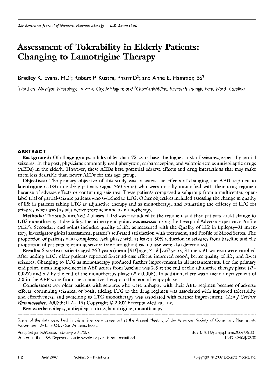 Assessment of tolerability in elderly patients: Changing to lamotrigine therapy