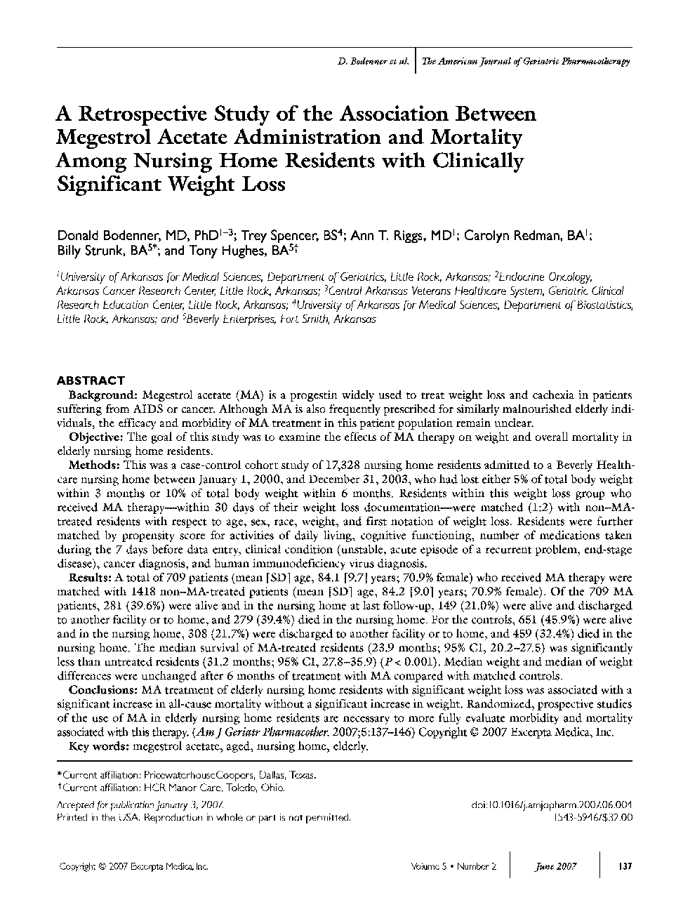 A retrospective study of the association between megestrol acetate administration and mortality among nursing home residents with clinically significant weight loss