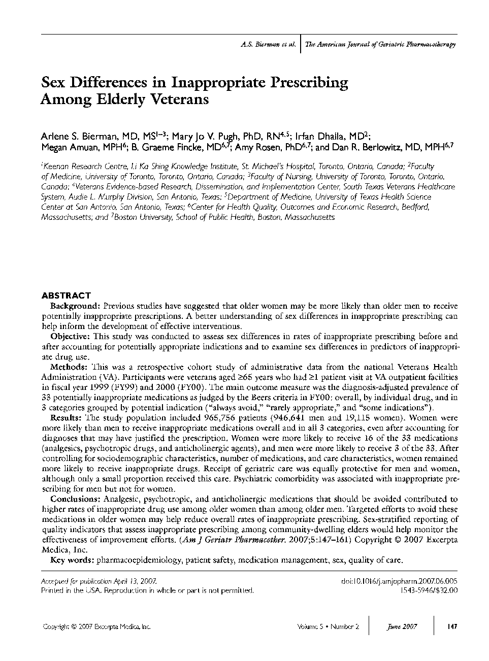 Sex differences in inappropriate prescribing among elderly veterans