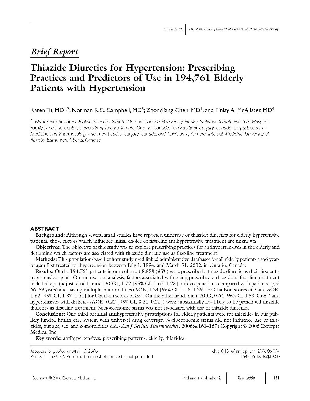 Thiazide diuretics for hypertension: Prescribing practices and predictors of use in 194,761 elderly patients with hypertension