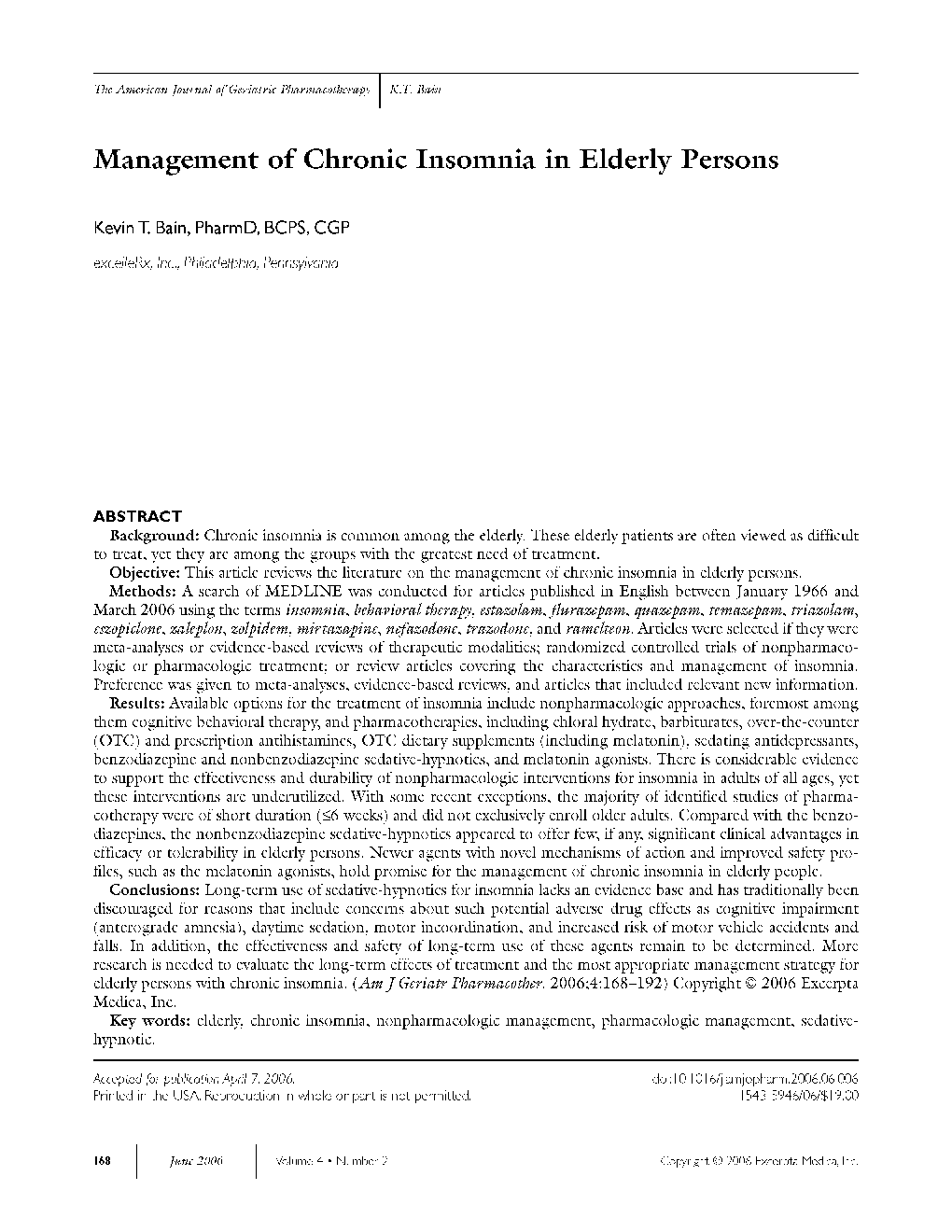 Management of chronic insomnia in elderly persons