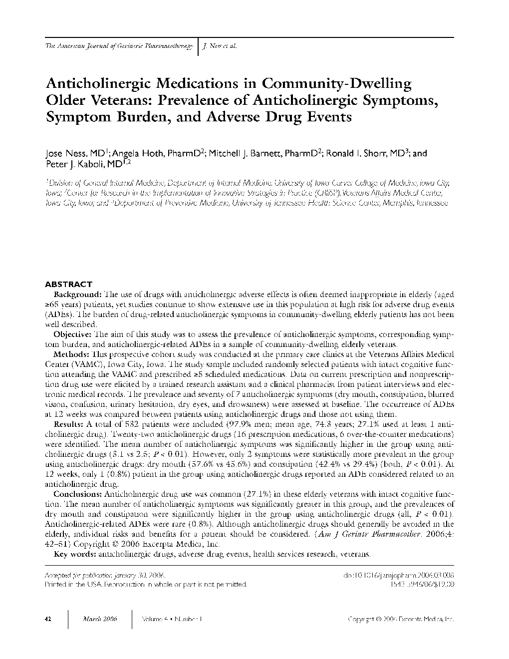 Anticholinergic medications in community-dwelling older veterans: Prevalence of anticholinergic symptoms, symptom burden, and adverse drug events