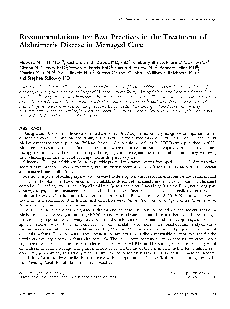 Recommendations for best practices in the treatment of Alzheimer's disease in managed care