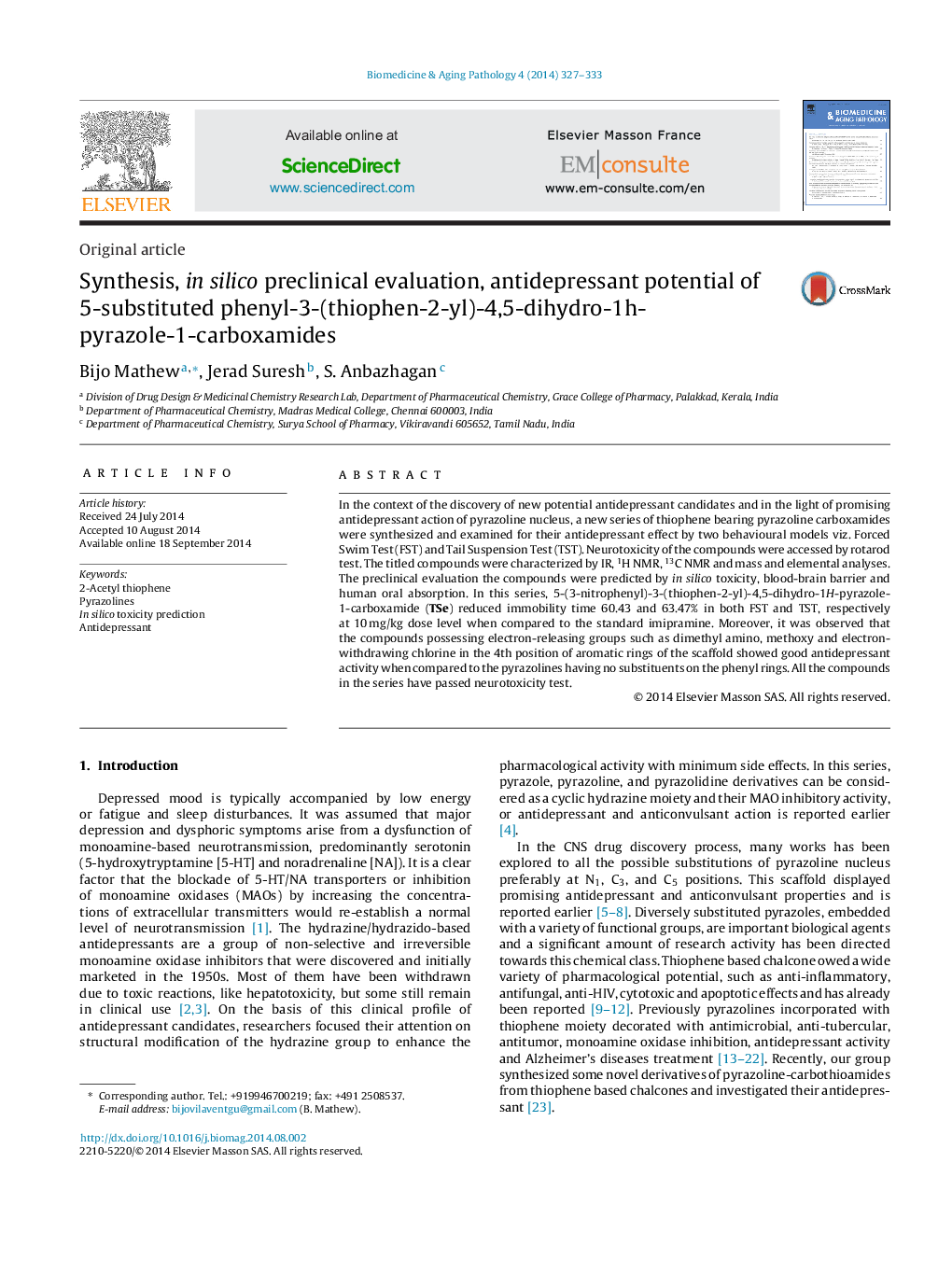 Synthesis, in silico preclinical evaluation, antidepressant potential of 5-substituted phenyl-3-(thiophen-2-yl)-4,5-dihydro-1h-pyrazole-1-carboxamides