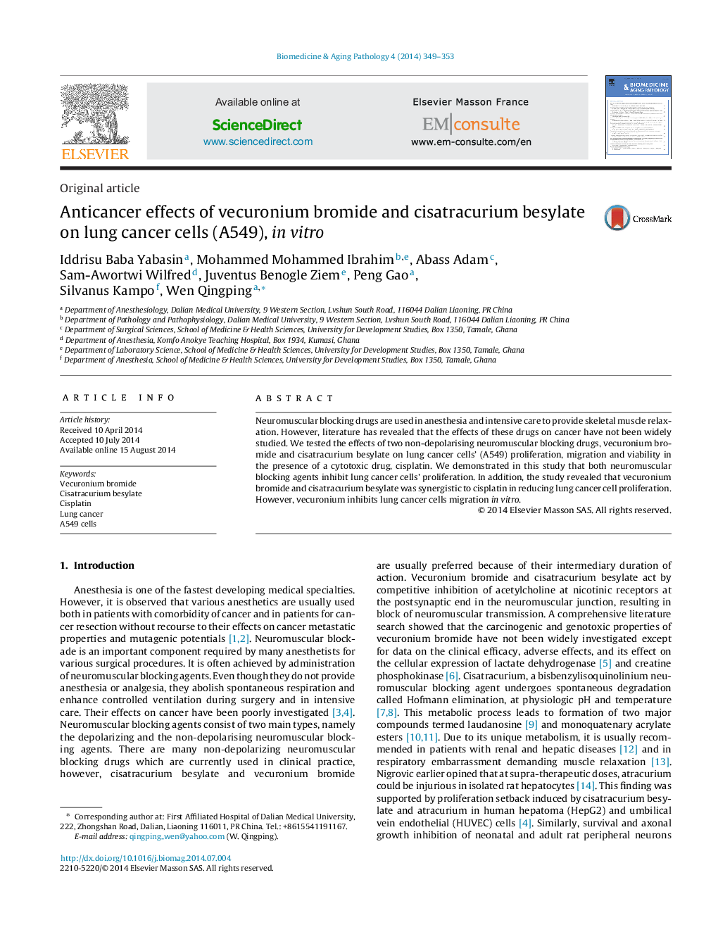 Anticancer effects of vecuronium bromide and cisatracurium besylate on lung cancer cells (A549), in vitro