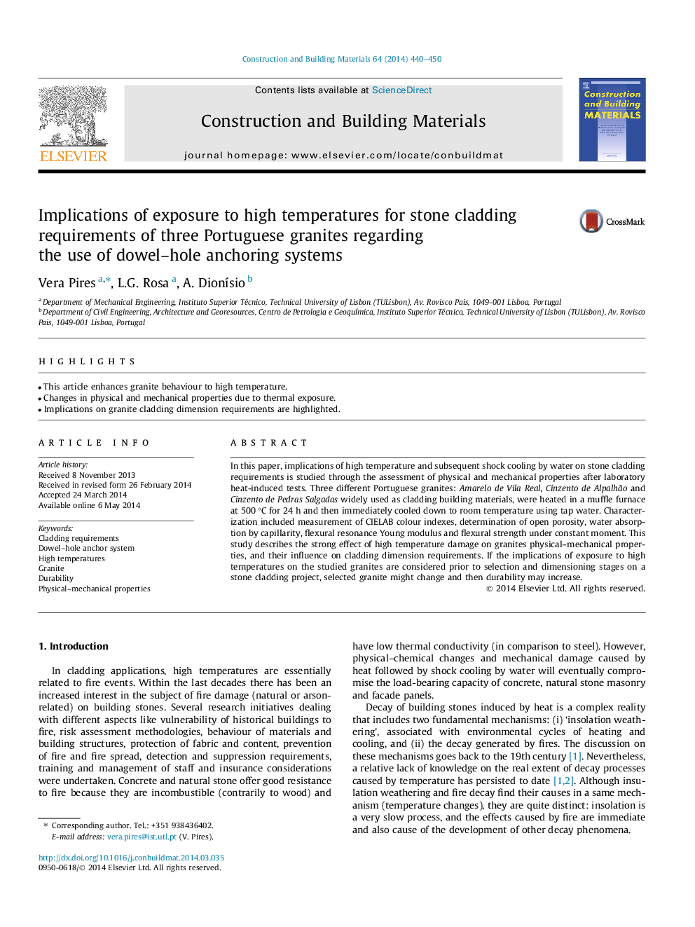 Implications of exposure to high temperatures for stone cladding requirements of three Portuguese granites regarding the use of dowel–hole anchoring systems