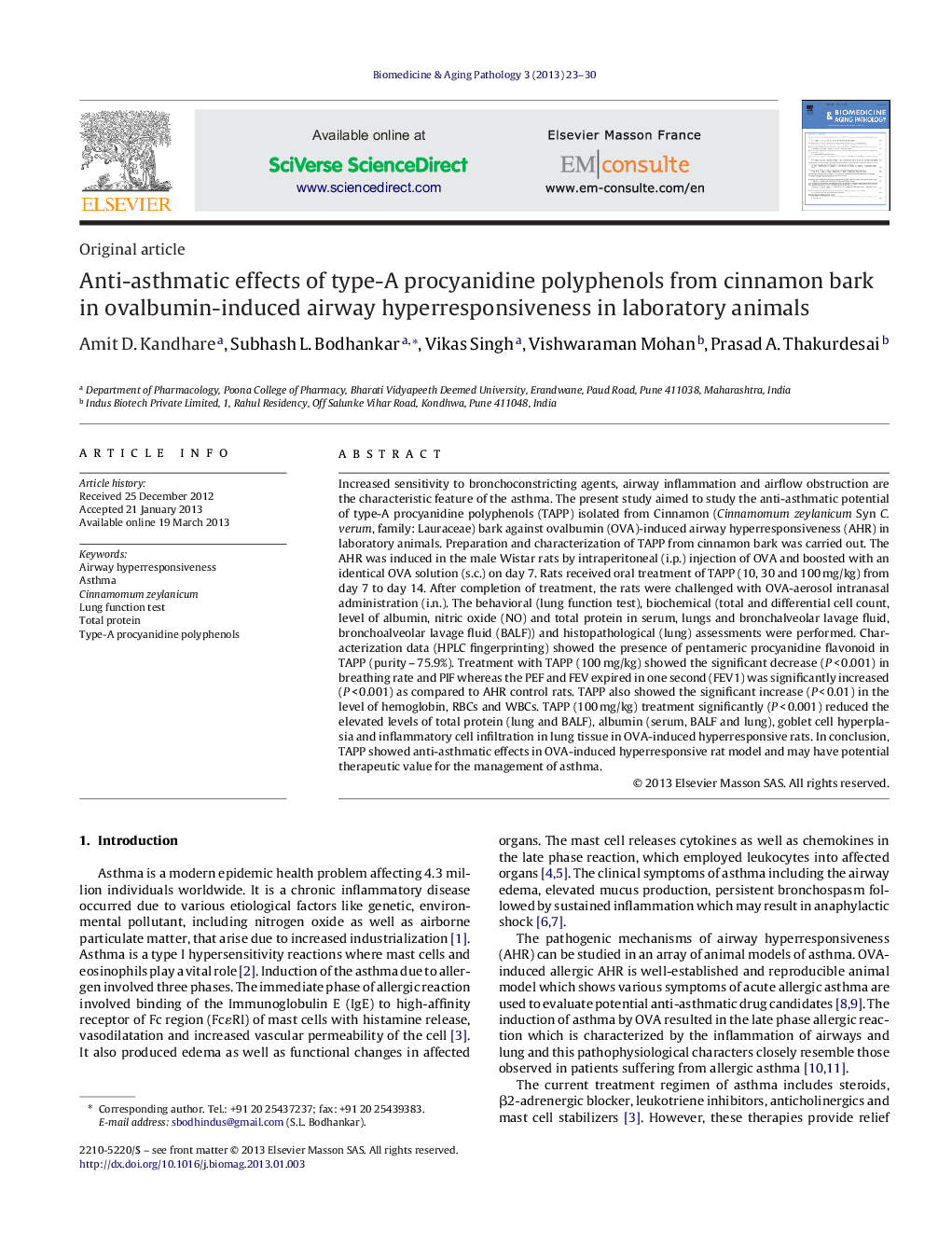 Anti-asthmatic effects of type-A procyanidine polyphenols from cinnamon bark in ovalbumin-induced airway hyperresponsiveness in laboratory animals