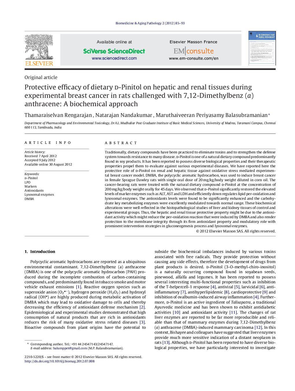 Protective efficacy of dietary d-Pinitol on hepatic and renal tissues during experimental breast cancer in rats challenged with 7,12-Dimethylbenz (a) anthracene: A biochemical approach