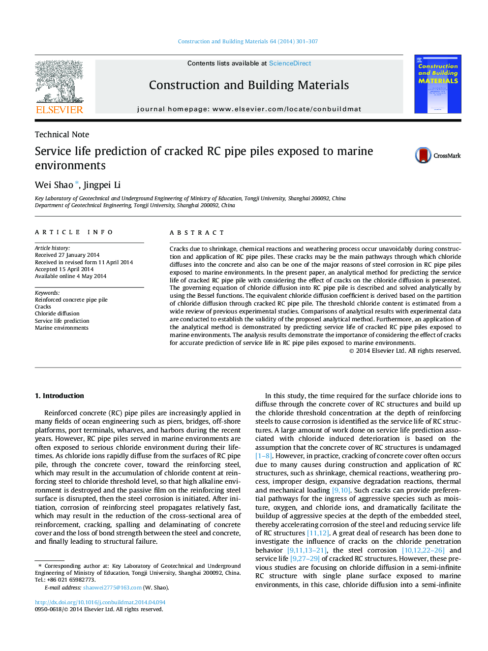 Service life prediction of cracked RC pipe piles exposed to marine environments