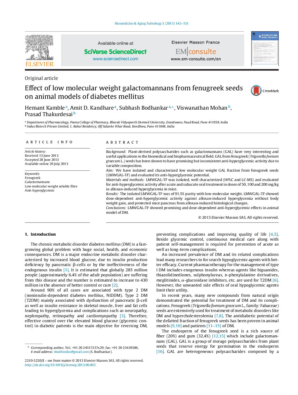 Effect of low molecular weight galactomannans from fenugreek seeds on animal models of diabetes mellitus