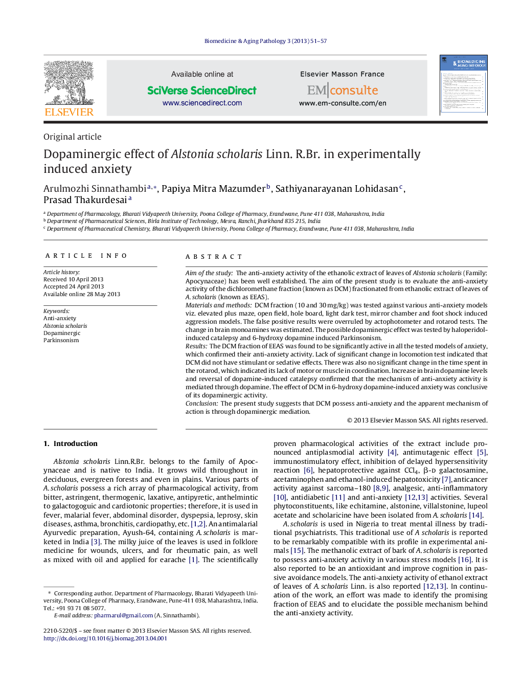 Dopaminergic effect of Alstonia scholaris Linn. R.Br. in experimentally induced anxiety