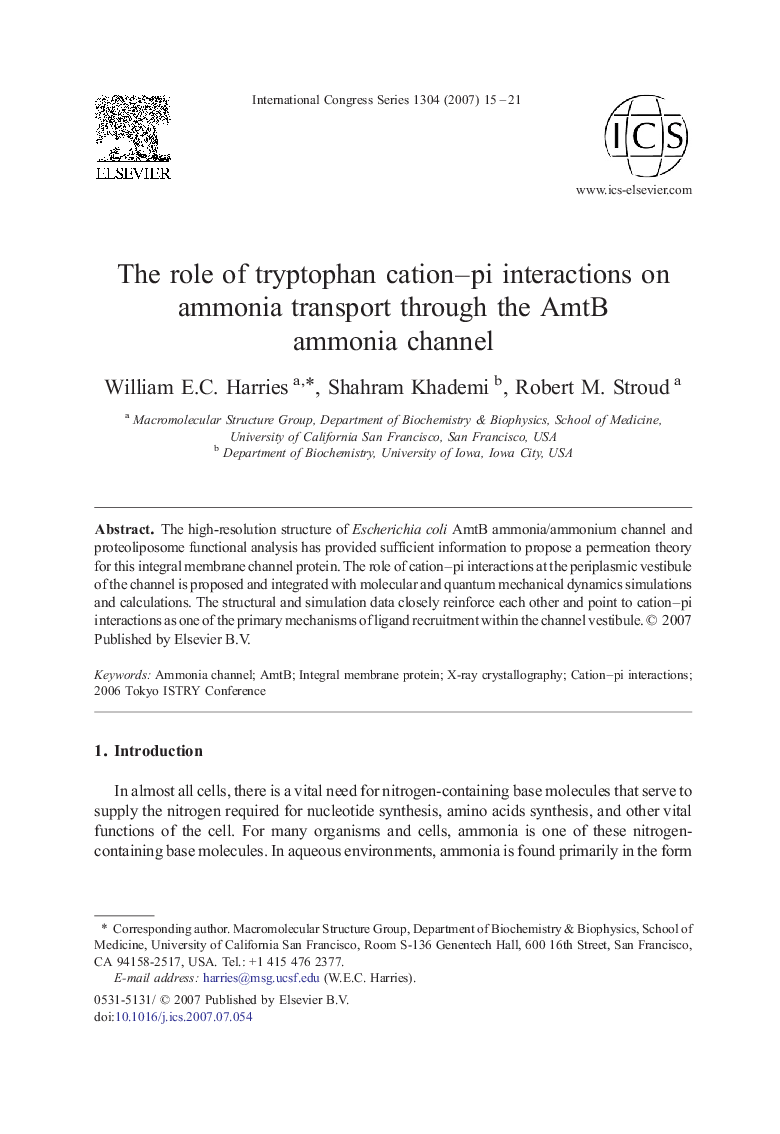 The role of tryptophan cation–pi interactions on ammonia transport through the AmtB ammonia channel