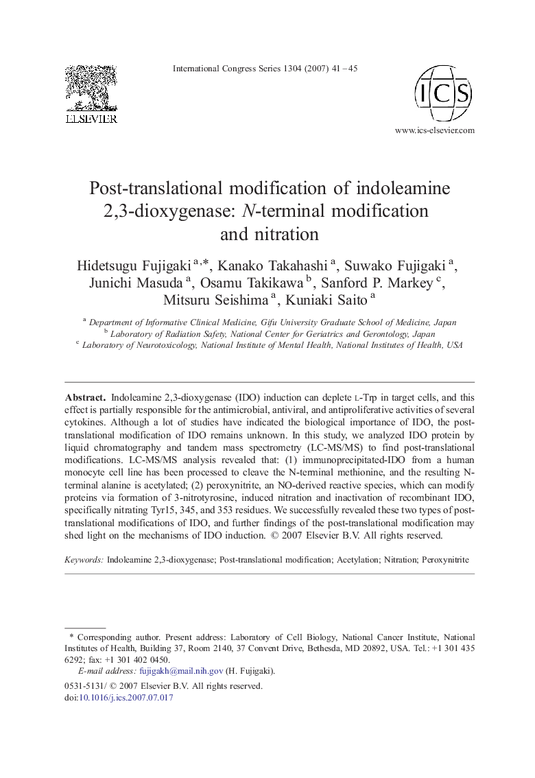 Post-translational modification of indoleamine 2,3-dioxygenase: N-terminal modification and nitration