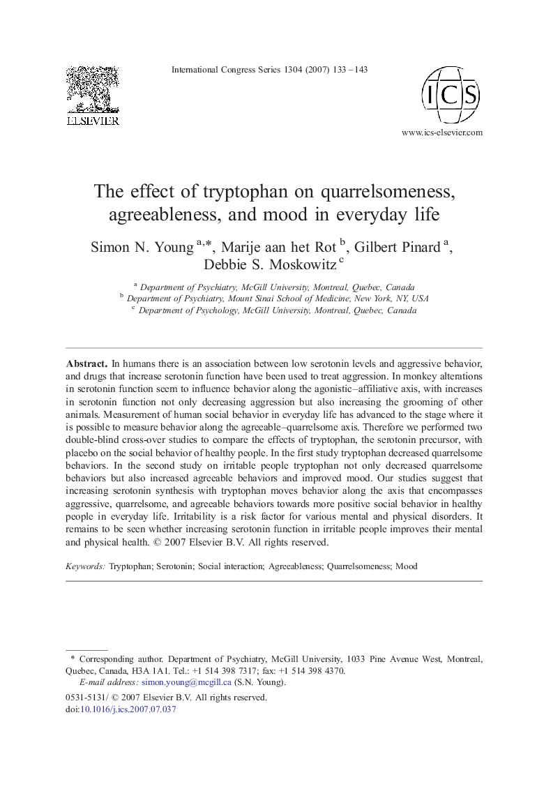 The effect of tryptophan on quarrelsomeness, agreeableness, and mood in everyday life