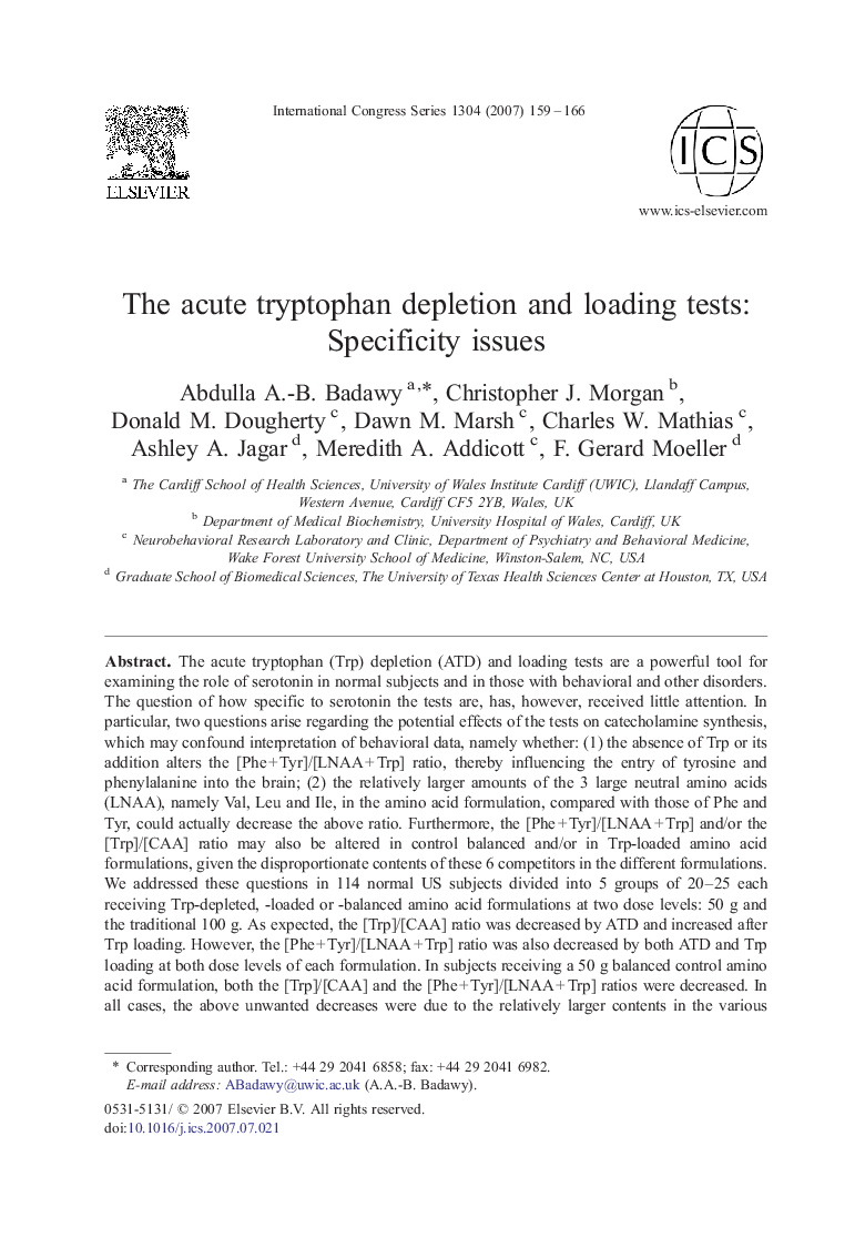 The acute tryptophan depletion and loading tests: Specificity issues