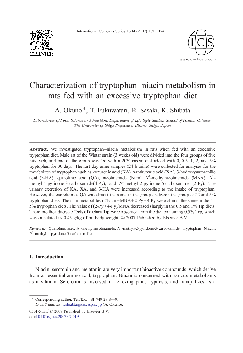 Characterization of tryptophan-niacin metabolism in rats fed with an excessive tryptophan diet