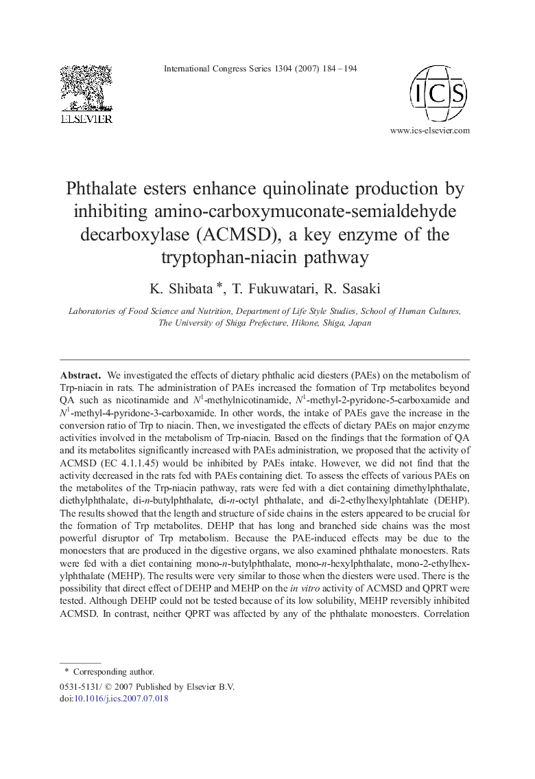 Phthalate esters enhance quinolinate production by inhibiting amino-carboxymuconate-semialdehyde decarboxylase (ACMSD), a key enzyme of the tryptophan-niacin pathway