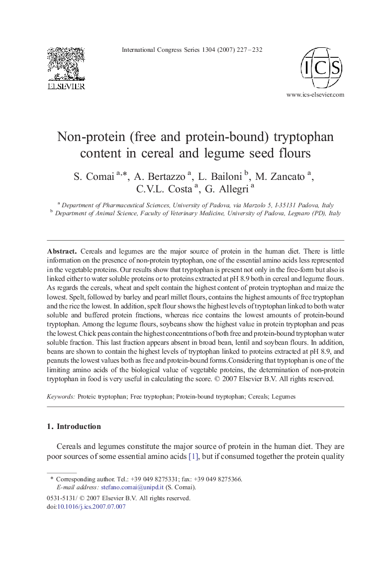 Non-protein (free and protein-bound) tryptophan content in cereal and legume seed flours