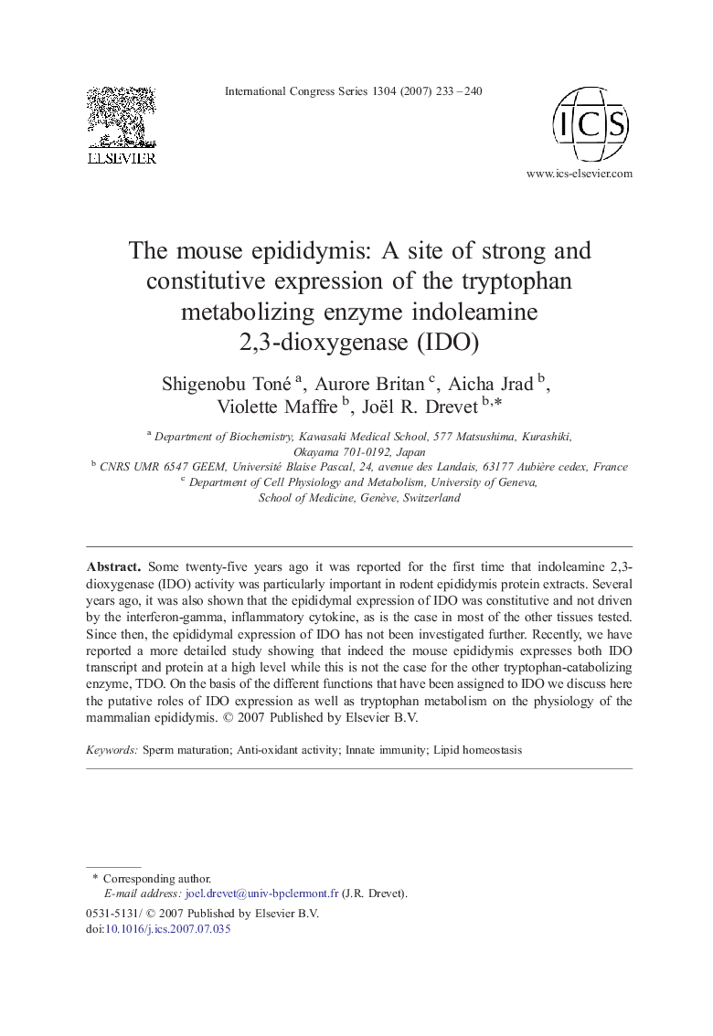 The mouse epididymis: A site of strong and constitutive expression of the tryptophan metabolizing enzyme indoleamine 2,3-dioxygenase (IDO)