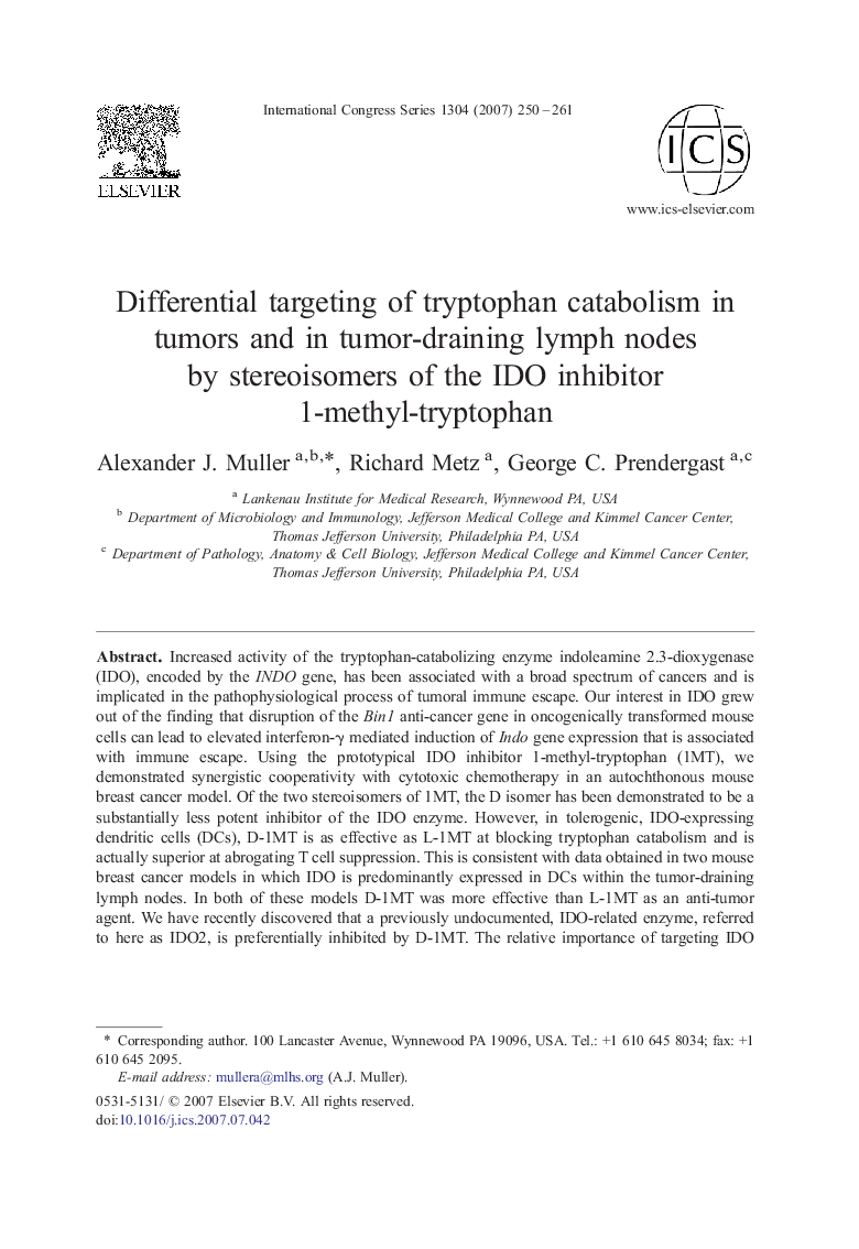 Differential targeting of tryptophan catabolism in tumors and in tumor-draining lymph nodes by stereoisomers of the IDO inhibitor 1-methyl-tryptophan