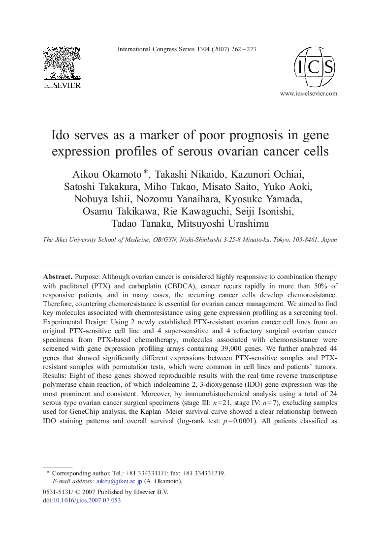 Ido serves as a marker of poor prognosis in gene expression profiles of serous ovarian cancer cells