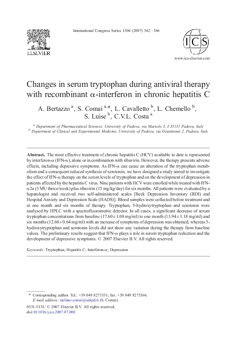 Changes in serum tryptophan during antiviral therapy with recombinant α-interferon in chronic hepatitis C