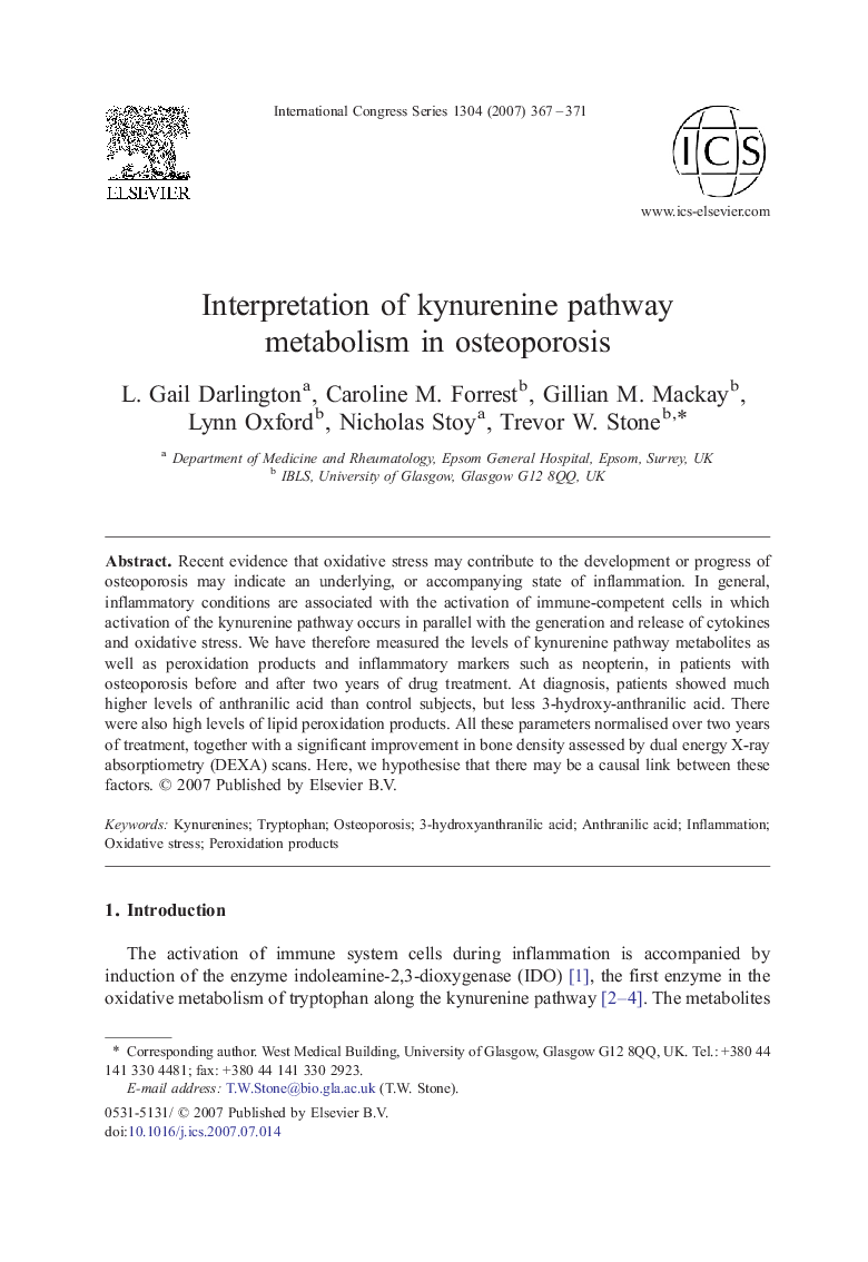 Interpretation of kynurenine pathway metabolism in osteoporosis