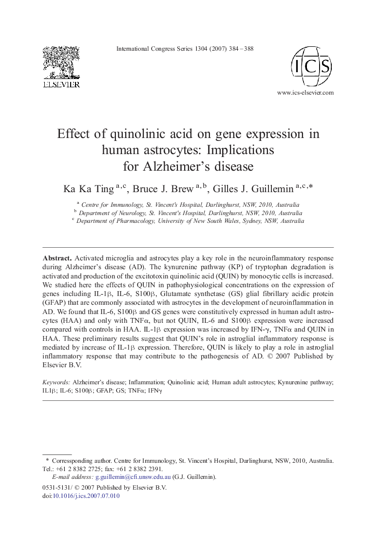 Effect of quinolinic acid on gene expression in human astrocytes: Implications for Alzheimer's disease