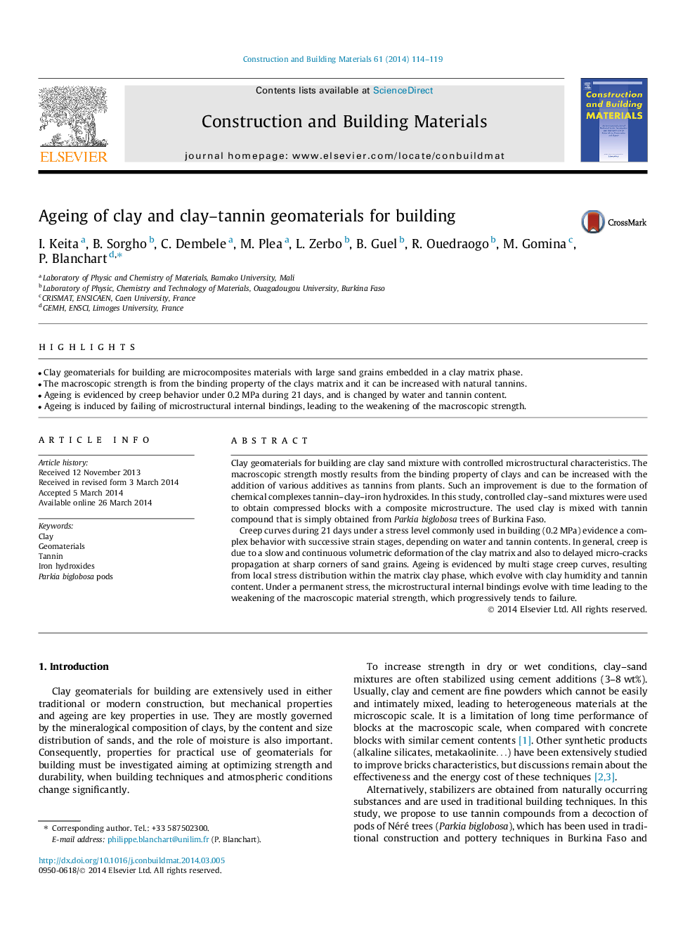 Ageing of clay and clay–tannin geomaterials for building