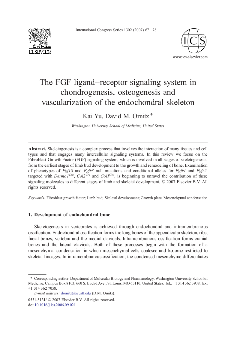 The FGF ligand–receptor signaling system in chondrogenesis, osteogenesis and vascularization of the endochondral skeleton