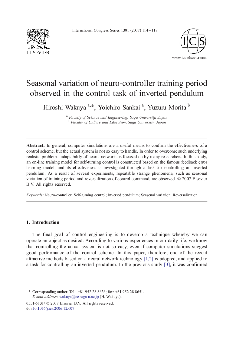 Seasonal variation of neuro-controller training period observed in the control task of inverted pendulum