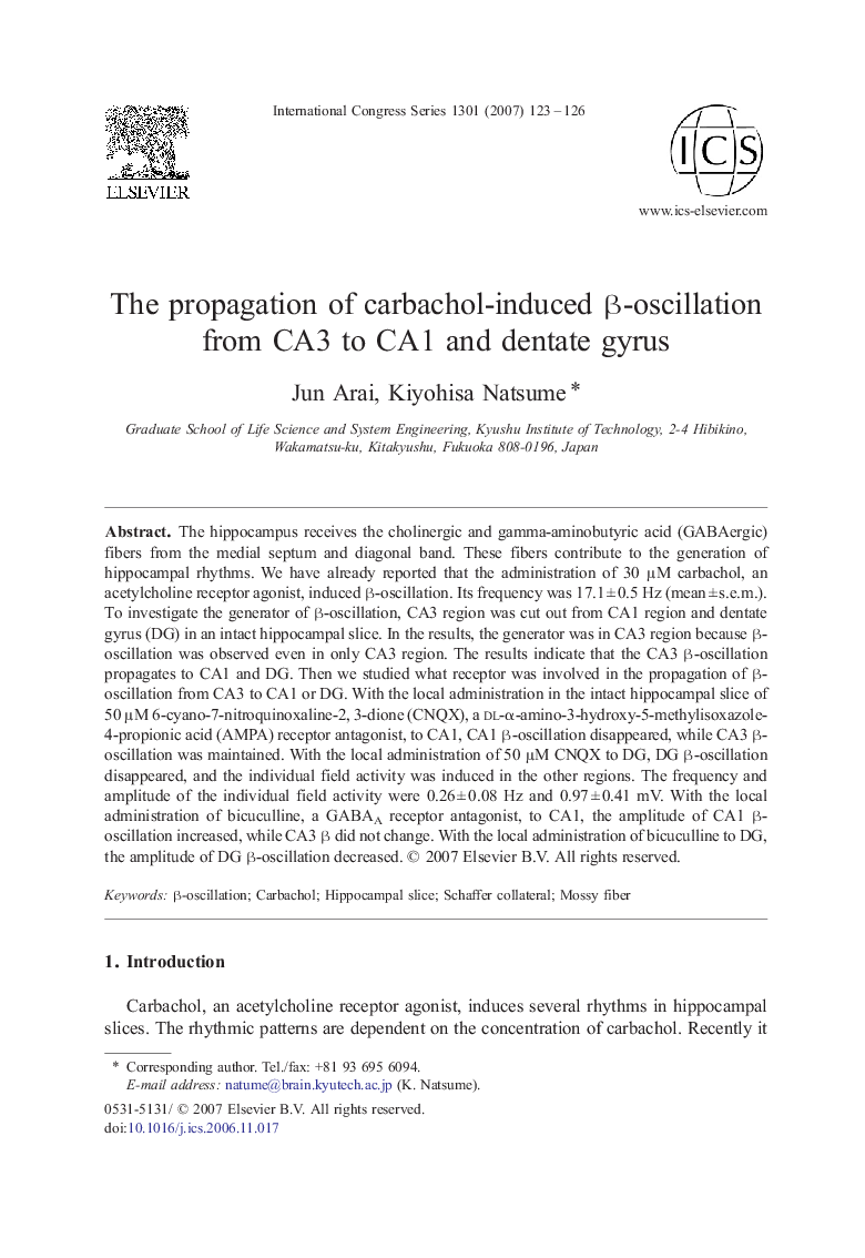 The propagation of carbachol-induced β-oscillation from CA3 to CA1 and dentate gyrus