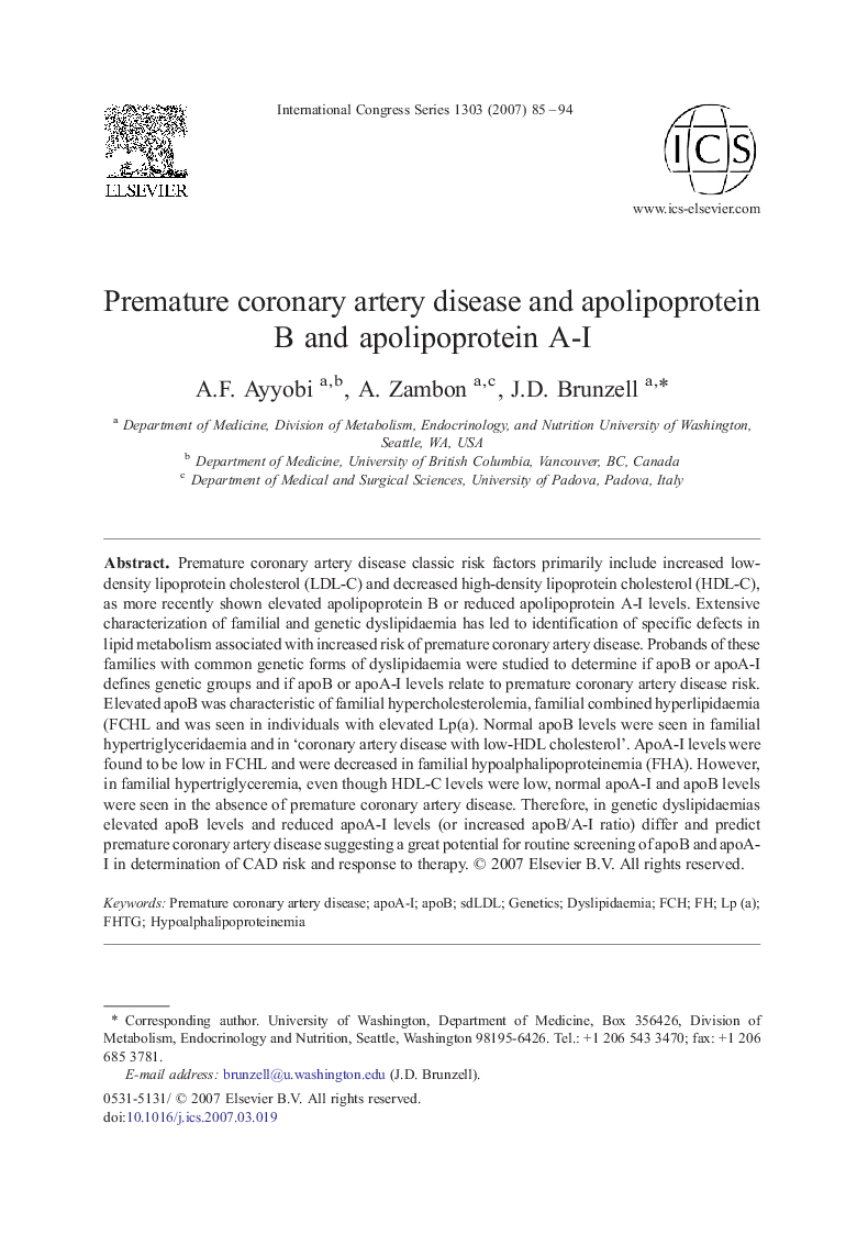 Premature coronary artery disease and apolipoprotein B and apolipoprotein A-I