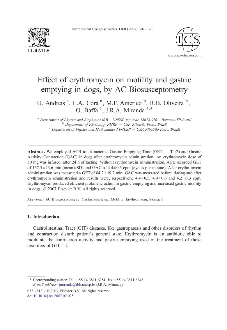 Effect of erythromycin on motility and gastric emptying in dogs, by AC Biosusceptometry