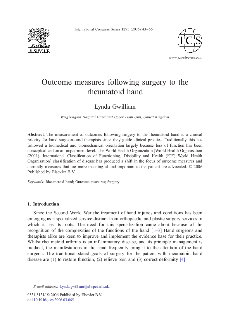 Outcome measures following surgery to the rheumatoid hand