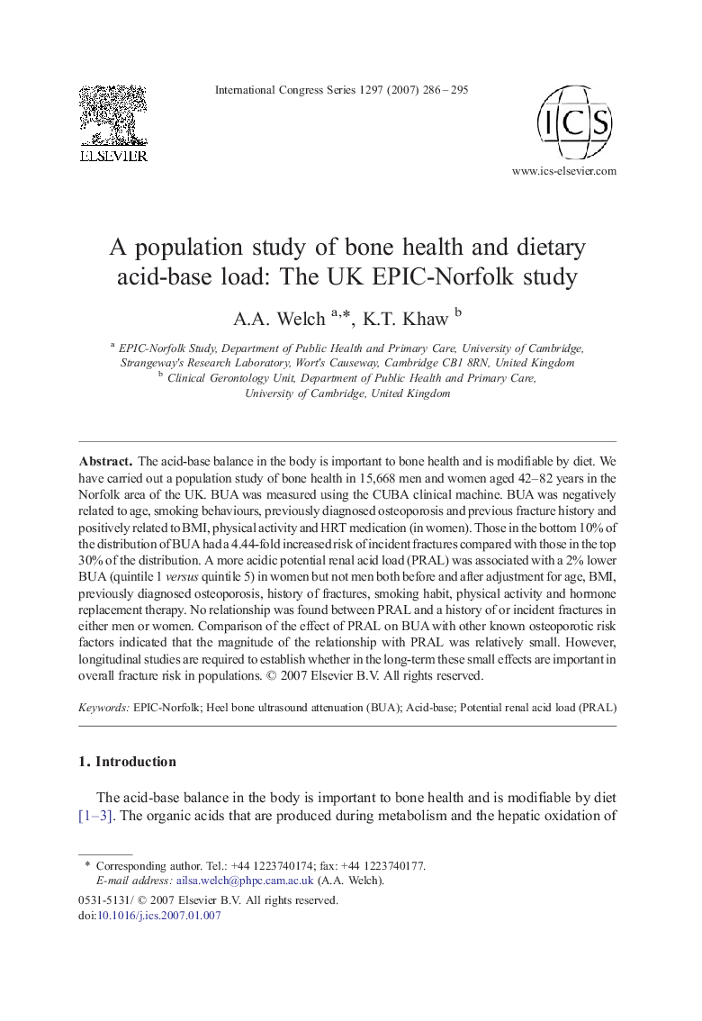 A population study of bone health and dietary acid-base load: The UK EPIC-Norfolk study