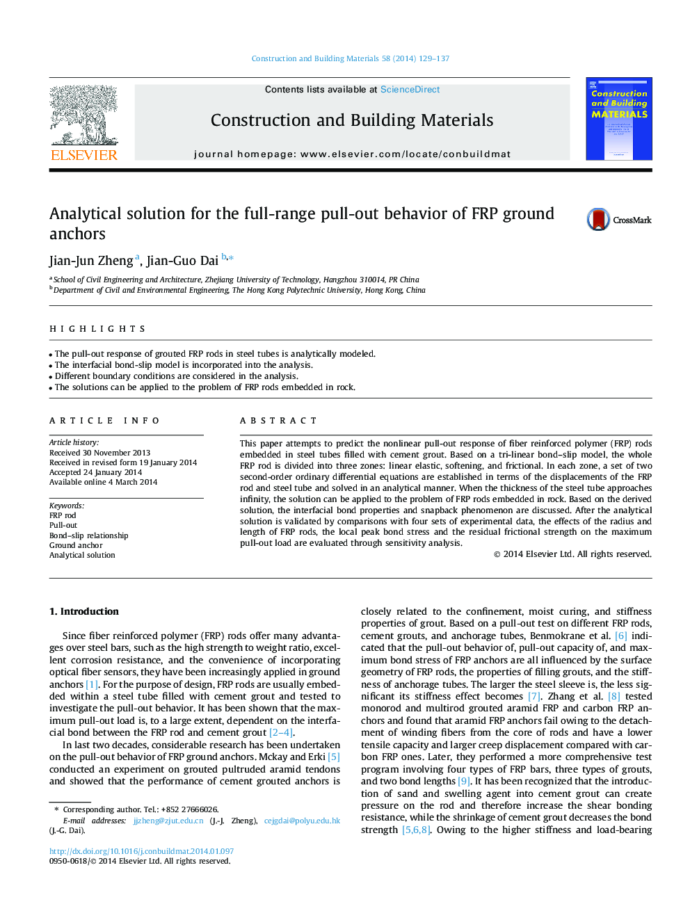 Analytical solution for the full-range pull-out behavior of FRP ground anchors