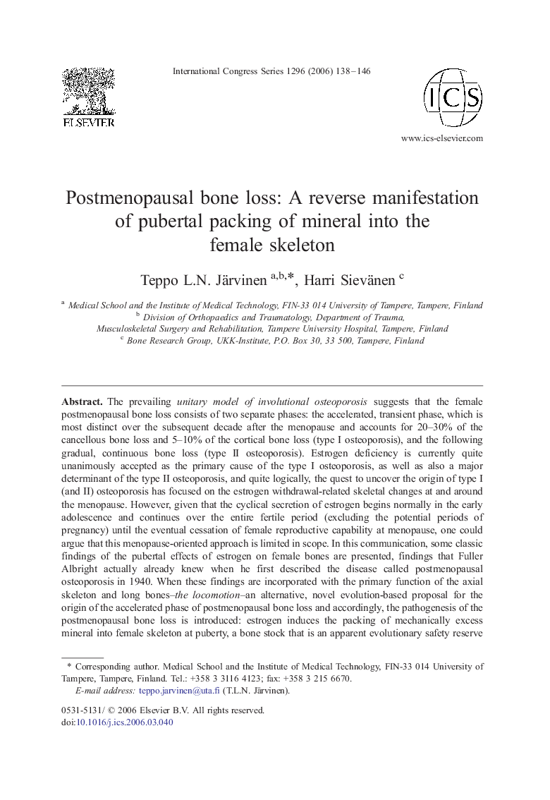 Postmenopausal bone loss: A reverse manifestation of pubertal packing of mineral into the female skeleton