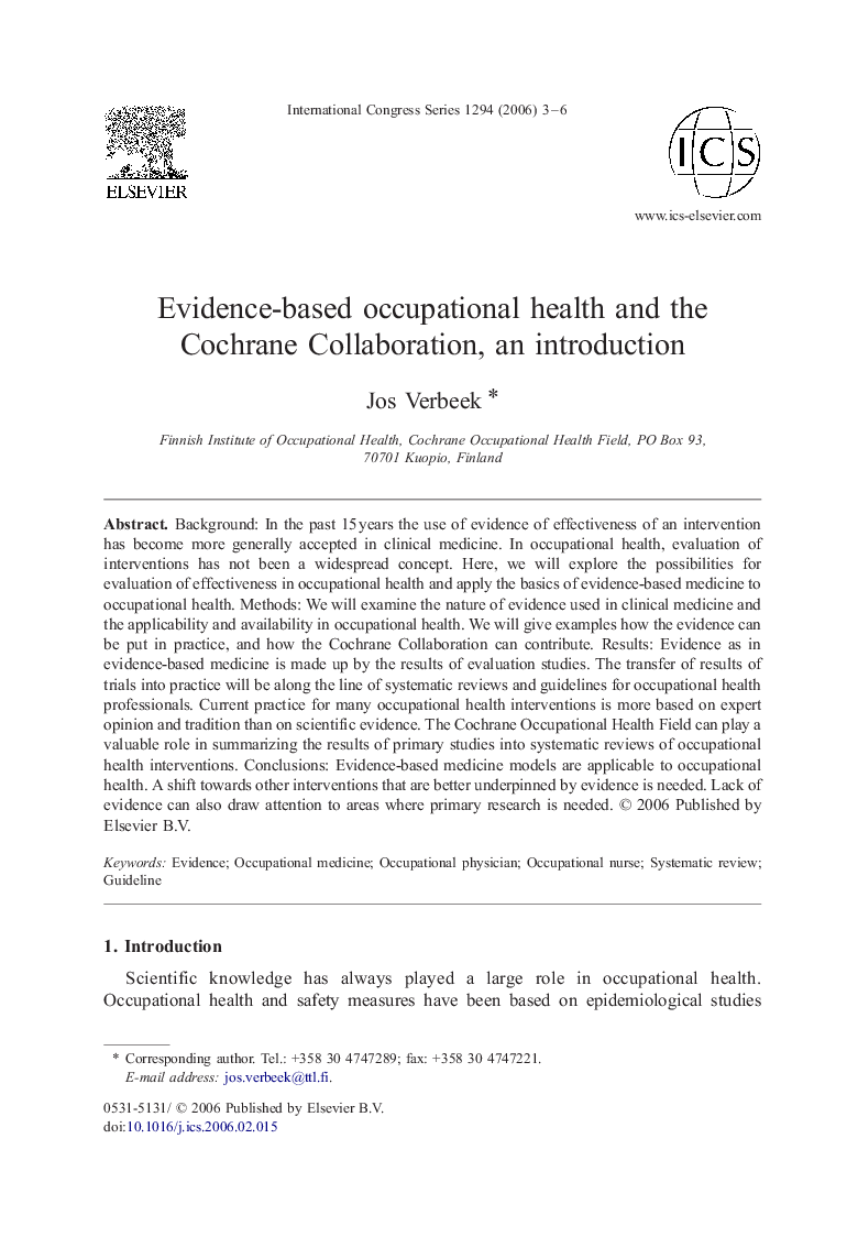 Evidence-based occupational health and the Cochrane Collaboration, an introduction