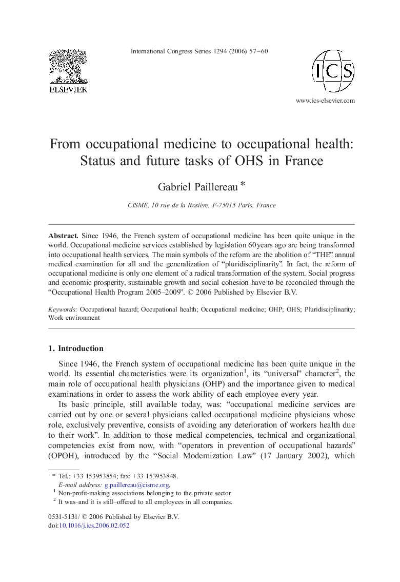 From occupational medicine to occupational health: Status and future tasks of OHS in France