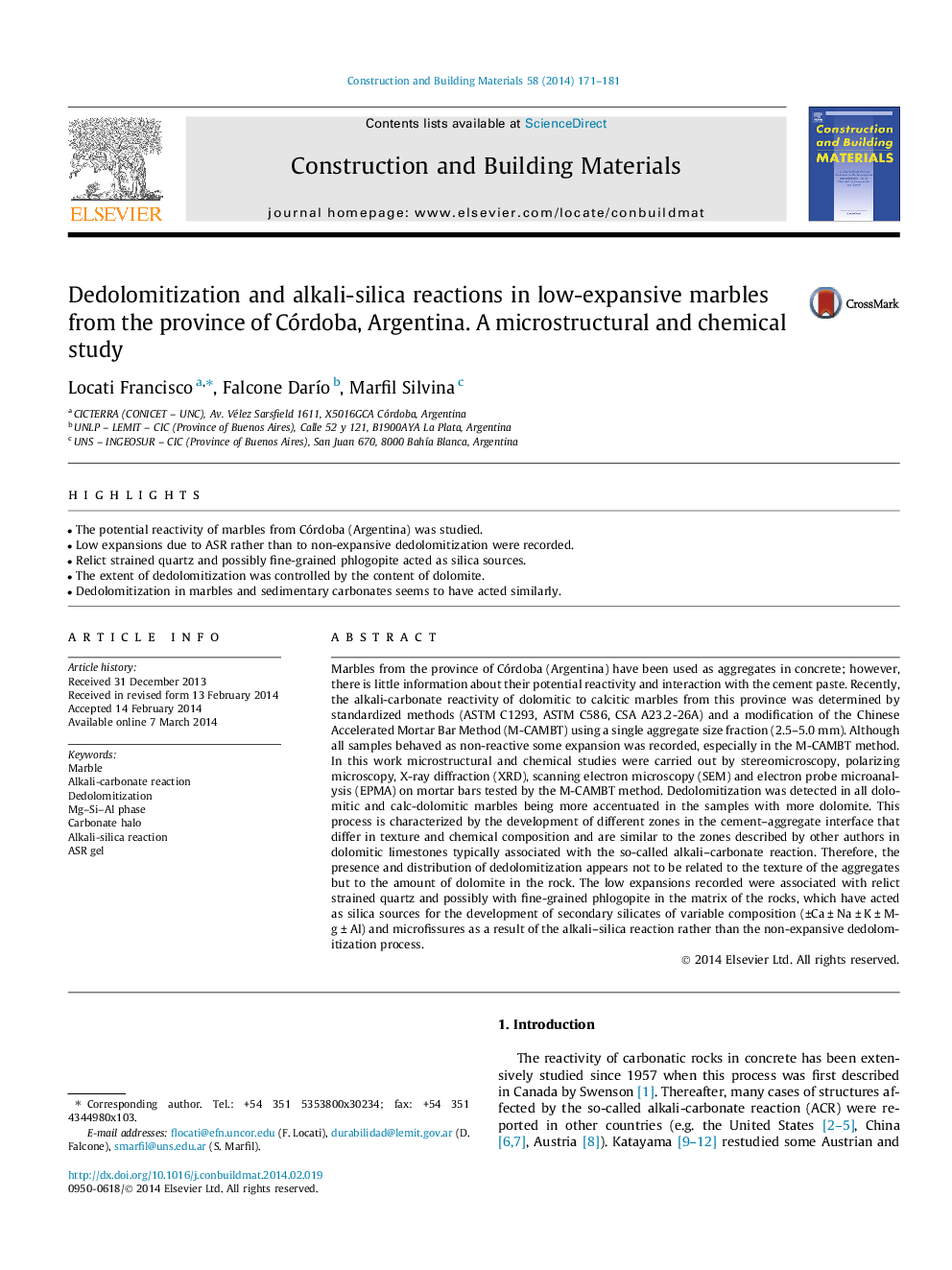 Dedolomitization and alkali-silica reactions in low-expansive marbles from the province of Córdoba, Argentina. A microstructural and chemical study