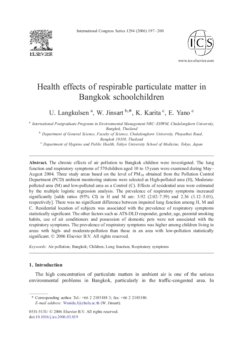 Health effects of respirable particulate matter in Bangkok schoolchildren