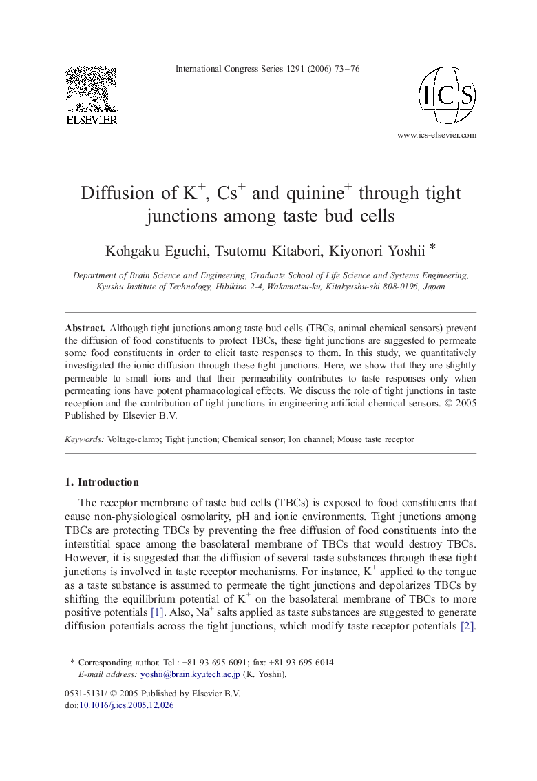 Diffusion of K+, Cs+ and quinine+ through tight junctions among taste bud cells