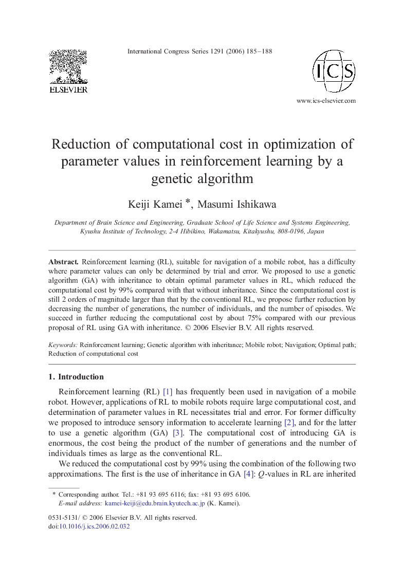 Reduction of computational cost in optimization of parameter values in reinforcement learning by a genetic algorithm