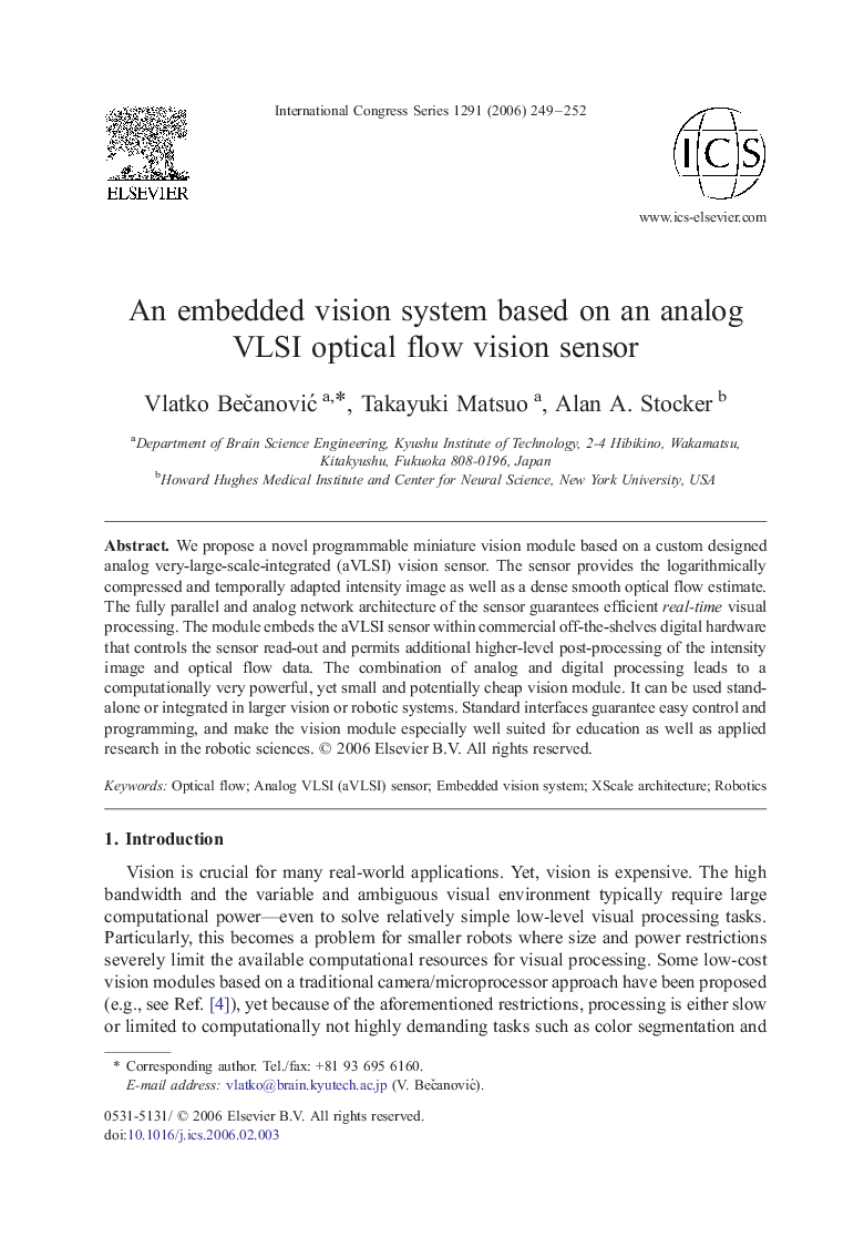 An embedded vision system based on an analog VLSI optical flow vision sensor